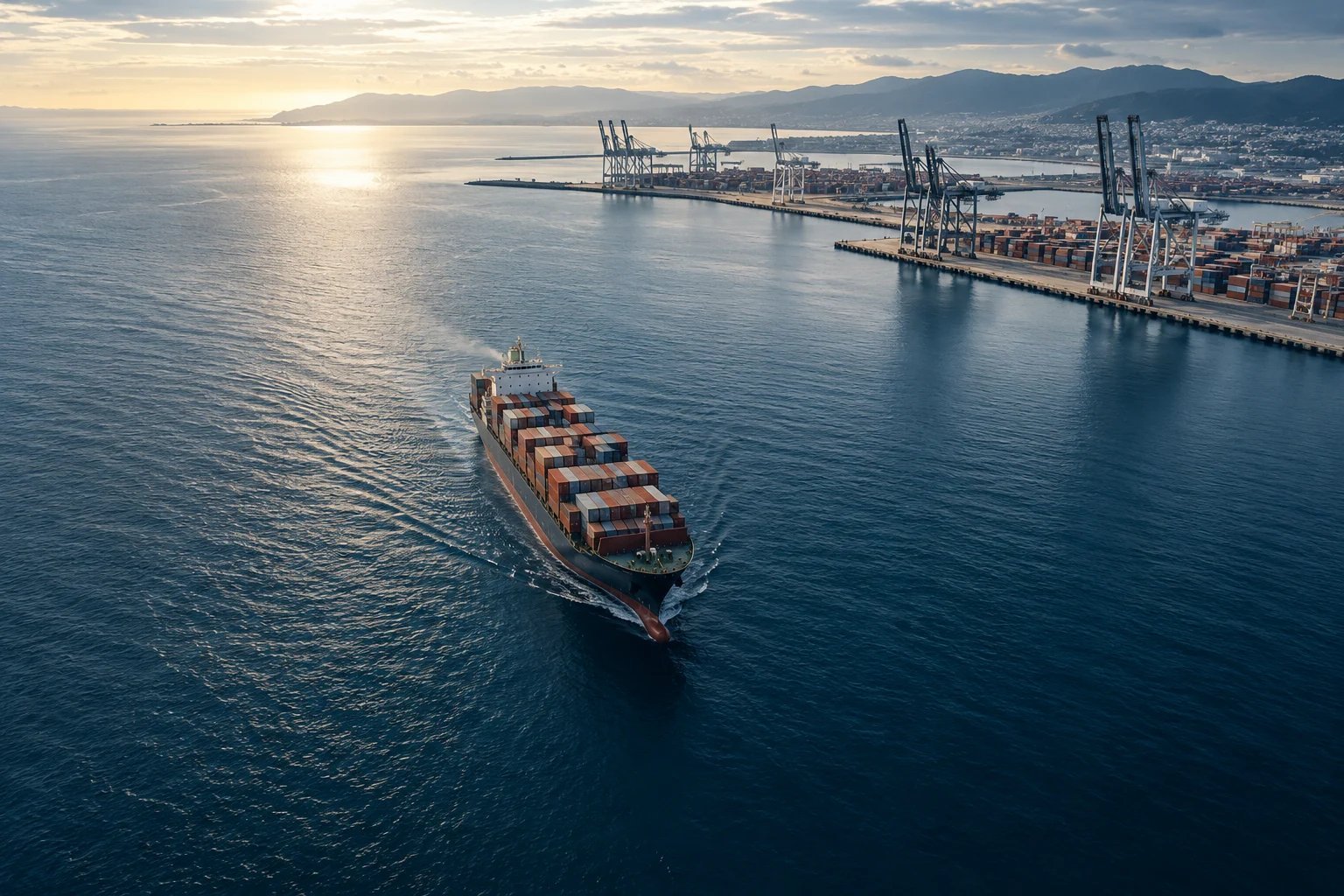 Illustration of a container vessel approaching a port across blue water